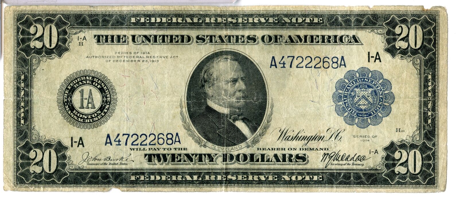 1914 $20 Twenty Dollars Federal Reserve Note Boston Large Size Us Currency Jl526
