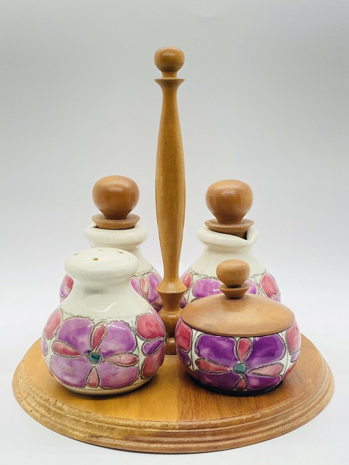 Eduardo Vega Art Pottery Purple Pink Floral Condiment Set With Wood Holder