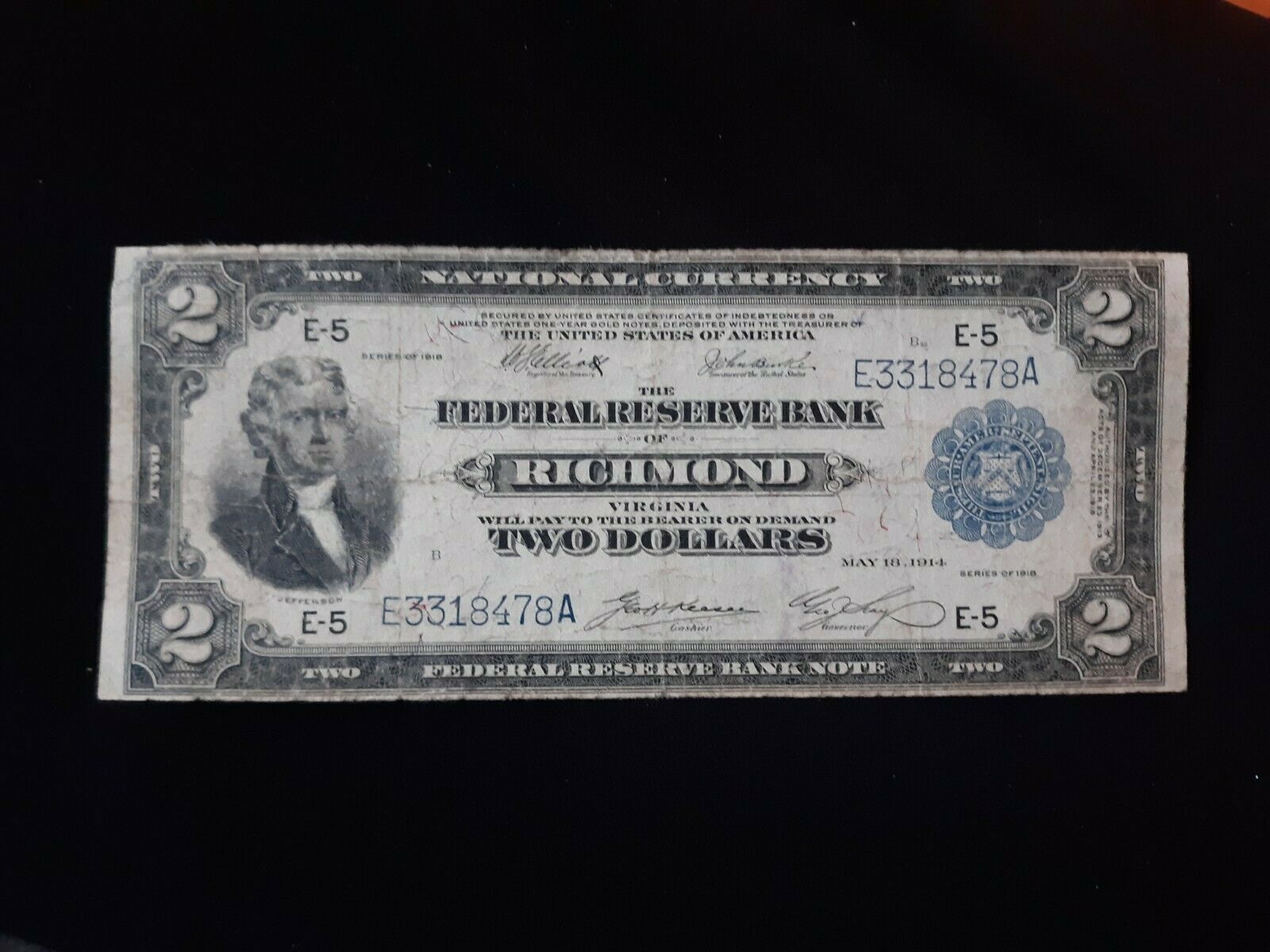1918 $2 Richmond Battleship Federal Reserve.   Reattached  Corner. ,#12