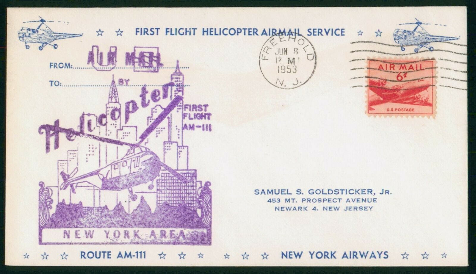 Mayfairstamps Us First Flight Cover 1953 New York Helicopter Service Freehold Ww