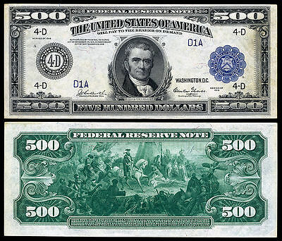 Nice  Crisp Unc. 1918 $500 Federal Reserve Note Copy!