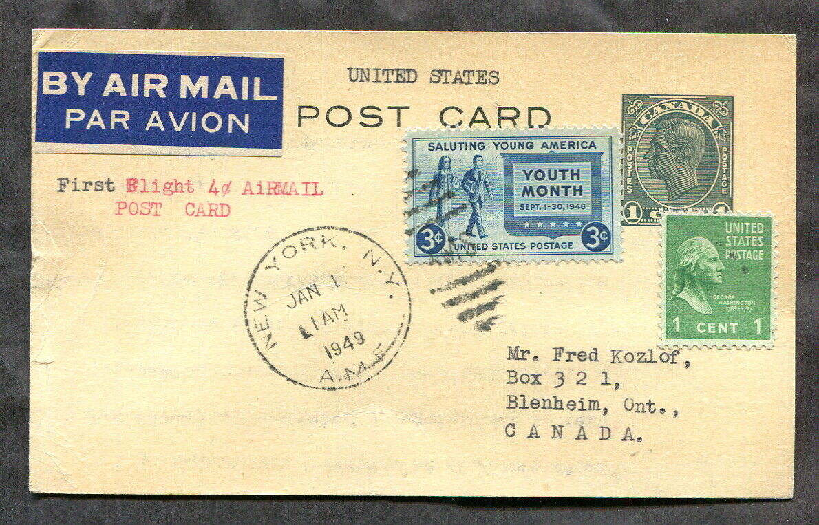 3489 - First Flight 4c New York To Canada 1949 Dual Franking Postal Card
