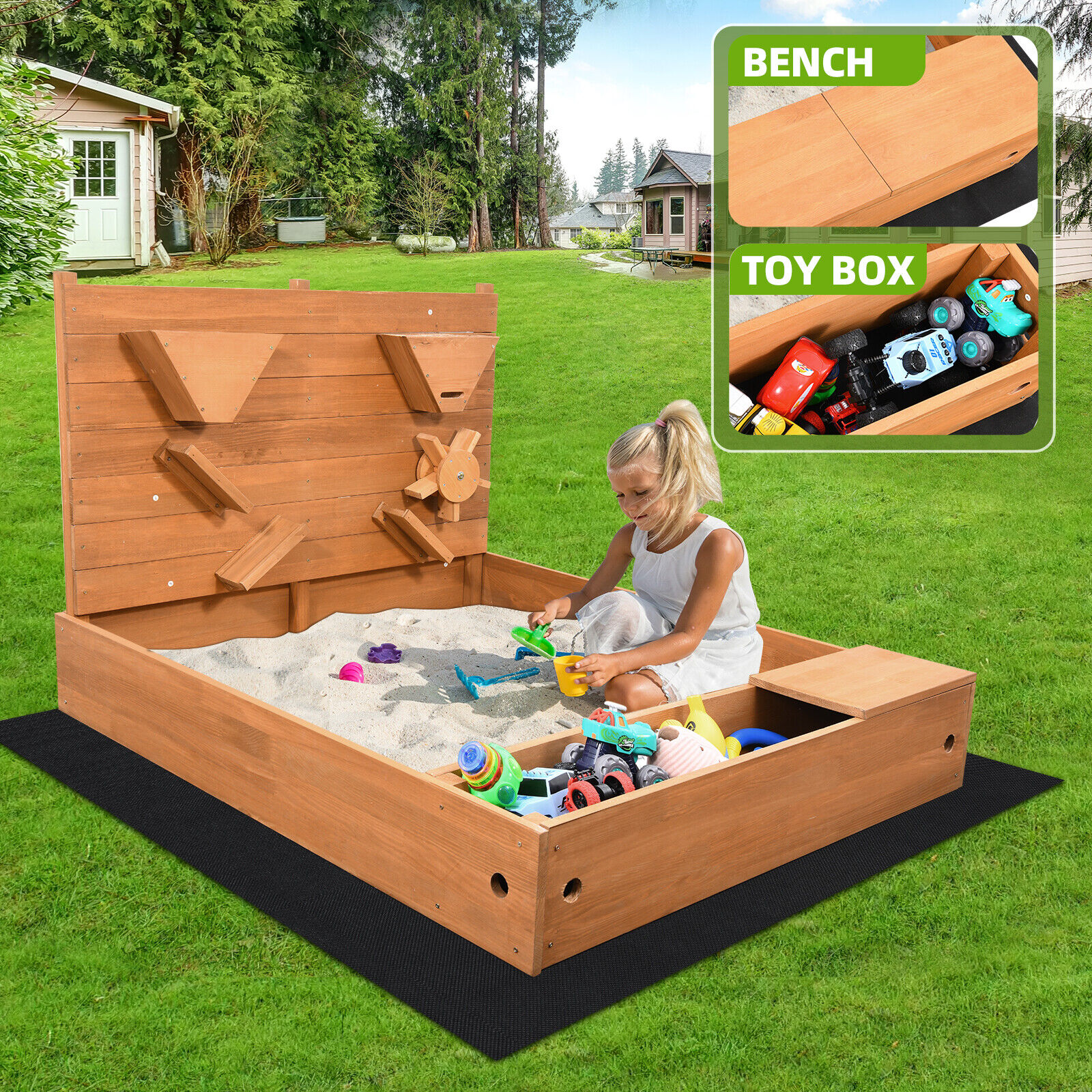 Kids Wooden Sandbox Children Outdoor Backyard Playset W/ Bench Buckets Sandpit
