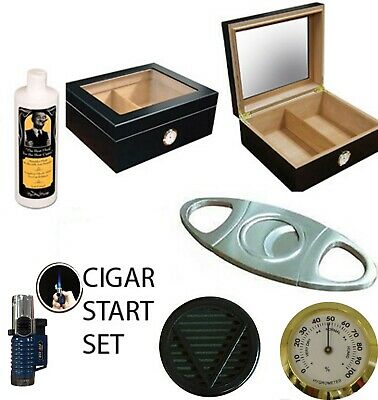 Cigars Black Humidor Holds 50 Glass Top Starter Set Caddy Cutter